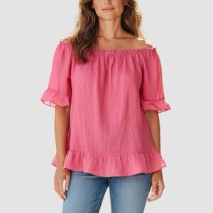 Terzo Millennio 100% Linen Ruffle Short Sleeve Blouse Size M